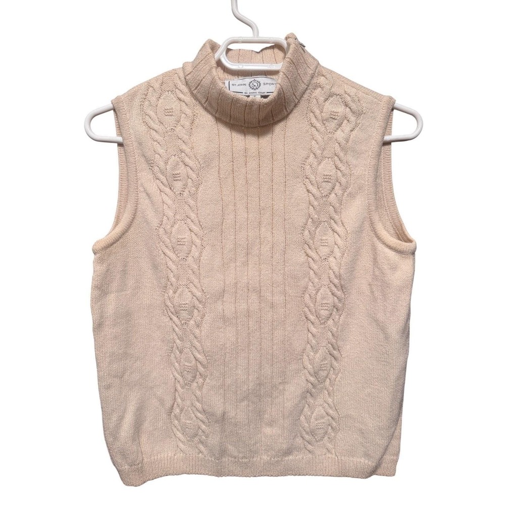 St John Sport Marie Gray Womens Small Cream Cable Knit Mock Neck Sweater Vest